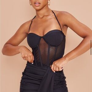 PrettyLittleThing Black Mesh Structured Strappy Corset Top